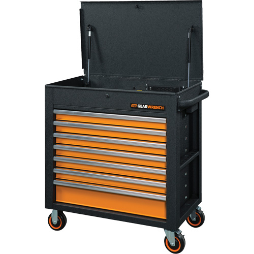 Chariot &agrave; outils s&eacute;rie GSX avec dessus inclin&eacute;, 7 tiroirs, 35" lo x 20" la x 39" h, Noir/Orange GTA Hardware Inc
