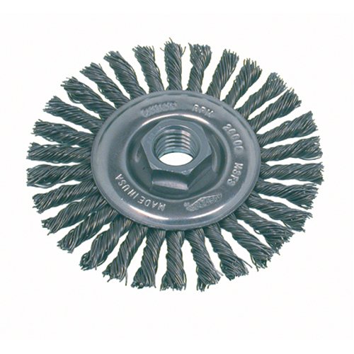 Brosse rotative &agrave; fils nou&eacute;s pour petites meuleuses haute vitesse, pour passe de fond, Dia. 4", Fils 0,02", Arbre 5/8"-11, Acier inoxydable GTA Hardware Inc