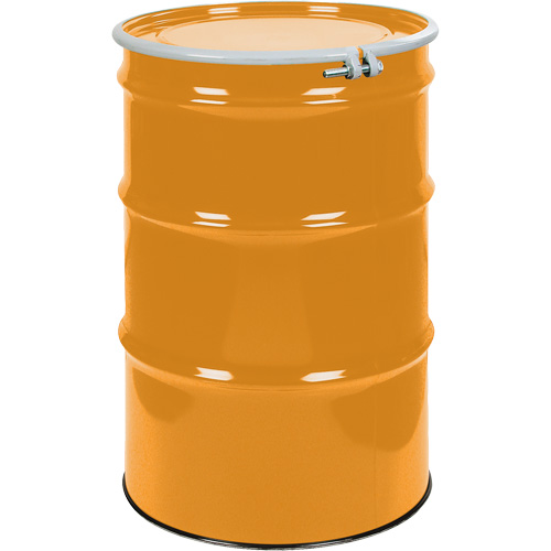 Barils en acier, 55 gal. US (45 gal. imp.), Non doubl&eacute;, Orange, Dessus ouvert, UN1A2/Y1.5/150, Calibre 16 GTA Hardware Inc