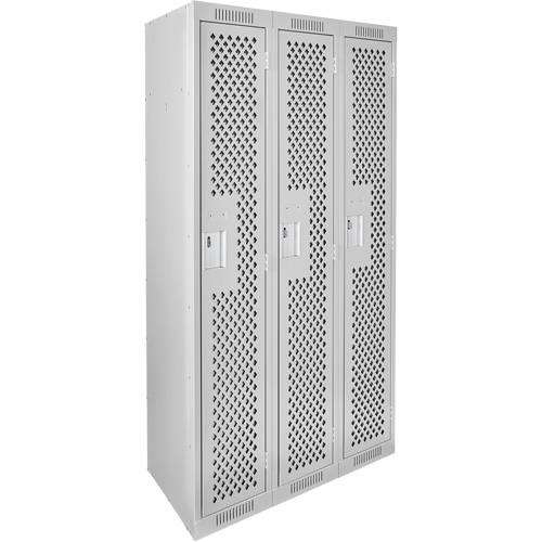 Clean Line Lockers, Bank of 3, 36" x 15" x 72", Steel, Grey, Rivet (Assembled), Perforated GTA Hardware Inc