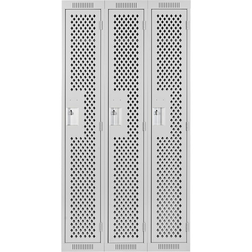 Clean Line Lockers, Bank of 3, 36" x 15" x 72", Steel, Grey, Rivet (Assembled), Perforated GTA Hardware Inc