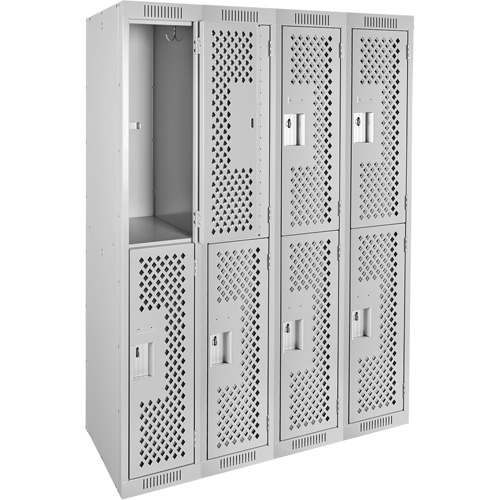 Clean Line Lockers, 2 -tier, Bank of 4, 48" x 15" x 72", Steel, Grey, Rivet (Assembled), Perforated GTA Hardware Inc