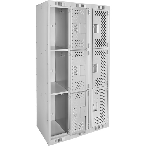 Clean Line Lockers, 3 -tier, Bank of 3, 36" x 12" x 72", Steel, Grey, Rivet (Assembled), Perforated GTA Hardware Inc
