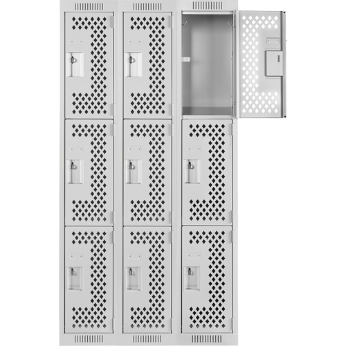Clean Line Lockers, 3 -tier, Bank of 3, 36" x 12" x 72", Steel, Grey, Rivet (Assembled), Perforated GTA Hardware Inc