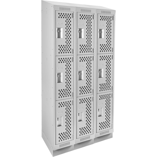 Clean Line Lockers, 3 -tier, Bank of 3, 36" x 15" x 82", Steel, Grey, Rivet (Assembled), Perforated GTA Hardware Inc