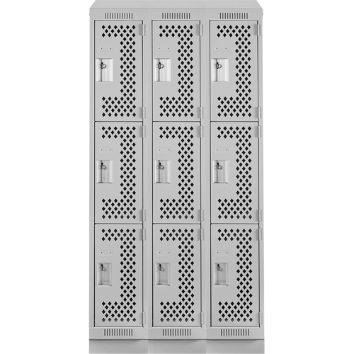 Clean Line Lockers, 3 -tier, Bank of 3, 36" x 15" x 82", Steel, Grey, Rivet (Assembled), Perforated GTA Hardware Inc