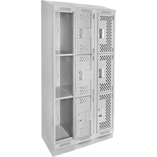Clean Line Lockers, 3 -tier, Bank of 3, 36" x 15" x 82", Steel, Grey, Rivet (Assembled), Perforated GTA Hardware Inc