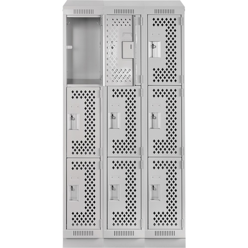 Clean Line Lockers, 3 -tier, Bank of 3, 36" x 15" x 82", Steel, Grey, Rivet (Assembled), Perforated GTA Hardware Inc