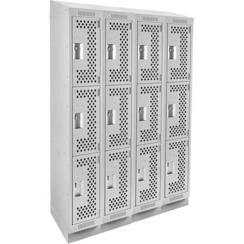 Clean Line Lockers, 3 -tier, Bank of 4, 48" x 15" x 82", Steel, Grey, Rivet (Assembled), Perforated GTA Hardware Inc