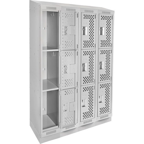 Clean Line Lockers, 3 -tier, Bank of 4, 48" x 15" x 82", Steel, Grey, Rivet (Assembled), Perforated GTA Hardware Inc