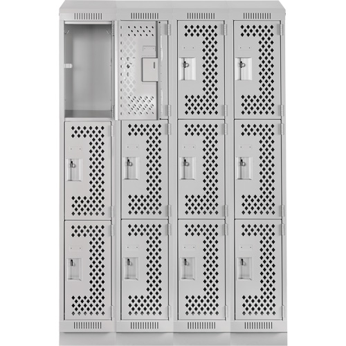 Clean Line Lockers, 3 -tier, Bank of 4, 48" x 15" x 82", Steel, Grey, Rivet (Assembled), Perforated GTA Hardware Inc