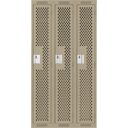 Clean Line Lockers, Bank of 3, 36" x 15" x 72", Steel, Beige, Rivet (Assembled), Perforated GTA Hardware Inc