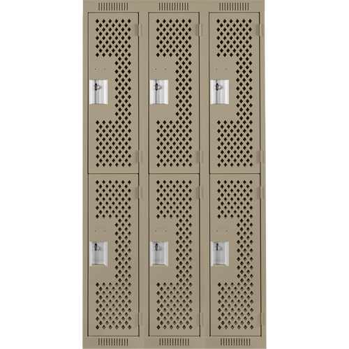 Clean Line Lockers, 2 -tier, Bank of 3, 36" x 12" x 72", Steel, Beige, Rivet (Assembled), Perforated GTA Hardware Inc
