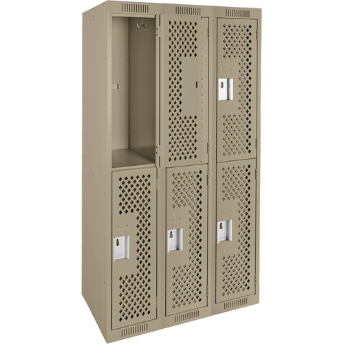 Clean Line Lockers, 2 -tier, Bank of 3, 36" x 12" x 72", Steel, Beige, Rivet (Assembled), Perforated GTA Hardware Inc