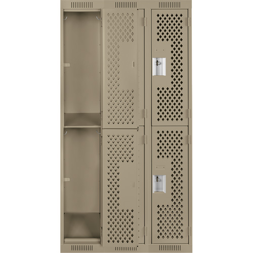 Clean Line Lockers, 2 -tier, Bank of 3, 36" x 12" x 72", Steel, Beige, Rivet (Assembled), Perforated GTA Hardware Inc