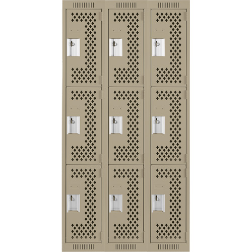 Clean Line Lockers, 3 -tier, Bank of 3, 36" x 12" x 72", Steel, Beige, Rivet (Assembled), Perforated GTA Hardware Inc
