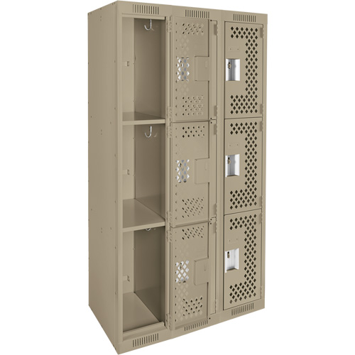 Clean Line Lockers, 3 -tier, Bank of 3, 36" x 12" x 72", Steel, Beige, Rivet (Assembled), Perforated GTA Hardware Inc