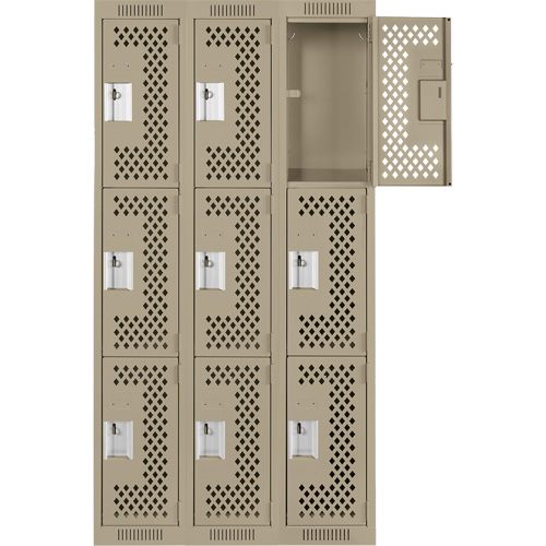 Clean Line Lockers, 3 -tier, Bank of 3, 36" x 12" x 72", Steel, Beige, Rivet (Assembled), Perforated GTA Hardware Inc