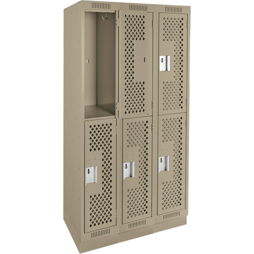 Clean Line Lockers, 2 -tier, Bank of 3, 36" x 18" x 76", Steel, Beige, Rivet (Assembled), Perforated GTA Hardware Inc