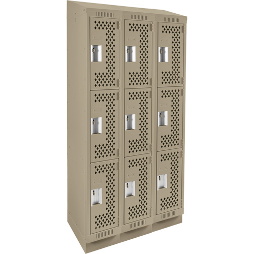Clean Line Lockers, 3 -tier, Bank of 3, 36" x 15" x 82", Steel, Beige, Rivet (Assembled), Perforated GTA Hardware Inc