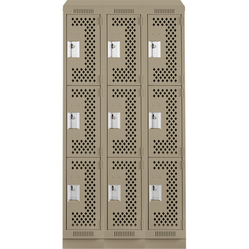 Clean Line Lockers, 3 -tier, Bank of 3, 36" x 15" x 82", Steel, Beige, Rivet (Assembled), Perforated GTA Hardware Inc
