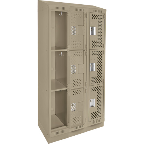 Clean Line Lockers, 3 -tier, Bank of 3, 36" x 15" x 82", Steel, Beige, Rivet (Assembled), Perforated GTA Hardware Inc