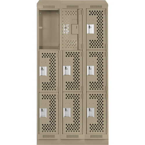 Clean Line Lockers, 3 -tier, Bank of 3, 36" x 15" x 82", Steel, Beige, Rivet (Assembled), Perforated GTA Hardware Inc