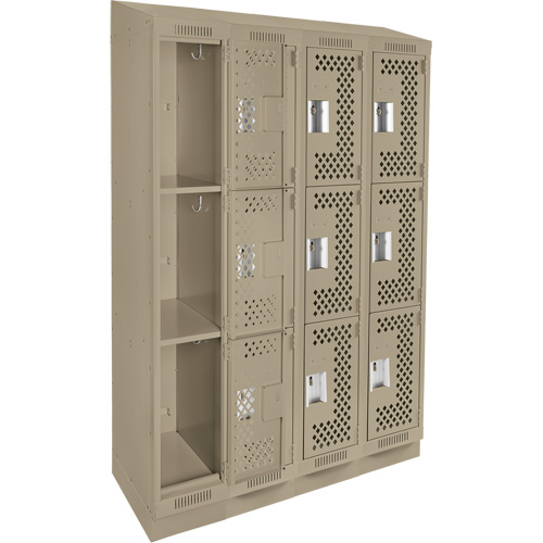 Clean Line Lockers, 3 -tier, Bank of 4, 48" x 15" x 82", Steel, Beige, Rivet (Assembled), Perforated GTA Hardware Inc