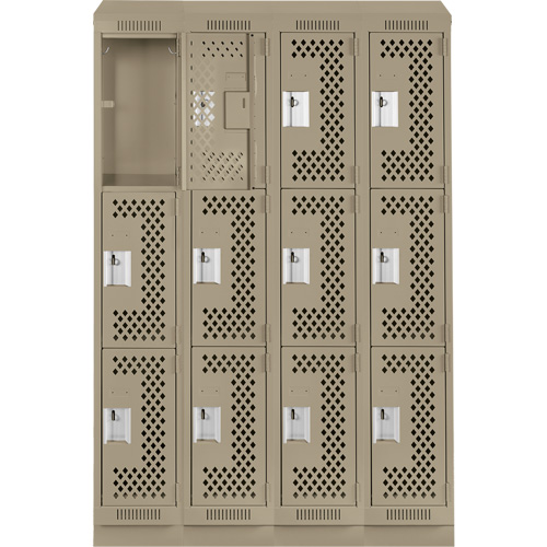 Clean Line Lockers, 3 -tier, Bank of 4, 48" x 15" x 82", Steel, Beige, Rivet (Assembled), Perforated GTA Hardware Inc