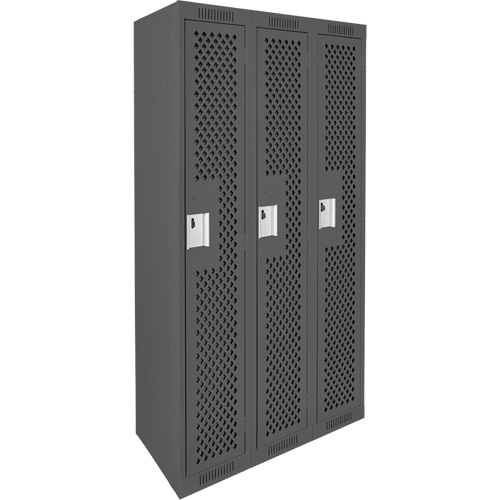 Clean Line Lockers, Bank of 3, 36" x 15" x 72", Steel, Charcoal, Rivet (Assembled), Perforated GTA Hardware Inc