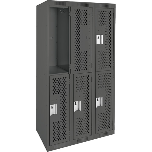 Clean Line Lockers, 2 -tier, Bank of 3, 36" x 15" x 72", Steel, Charcoal, Rivet (Assembled), Perforated GTA Hardware Inc