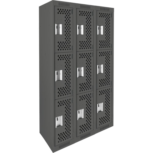 Clean Line Lockers, 3 -tier, Bank of 3, 36" x 12" x 72", Steel, Charcoal, Rivet (Assembled), Perforated GTA Hardware Inc