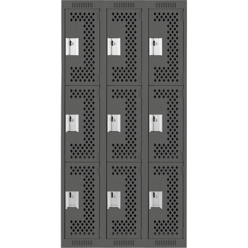 Clean Line Lockers, 3 -tier, Bank of 3, 36" x 12" x 72", Steel, Charcoal, Rivet (Assembled), Perforated GTA Hardware Inc