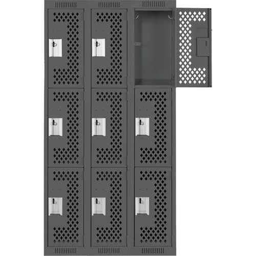 Clean Line Lockers, 3 -tier, Bank of 3, 36" x 12" x 72", Steel, Charcoal, Rivet (Assembled), Perforated GTA Hardware Inc