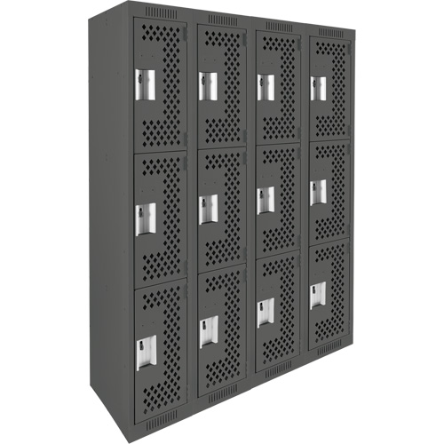 Clean Line Lockers, 3 -tier, Bank of 4, 48" x 12" x 72", Steel, Charcoal, Rivet (Assembled), Perforated GTA Hardware Inc