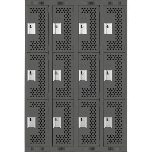 Clean Line Lockers, 3 -tier, Bank of 4, 48" x 12" x 72", Steel, Charcoal, Rivet (Assembled), Perforated GTA Hardware Inc