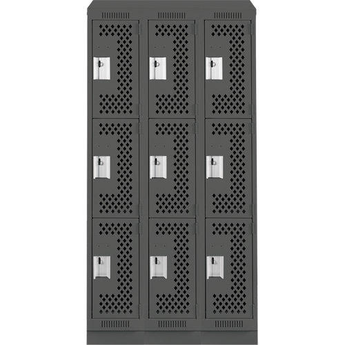 Clean Line Lockers, 3 -tier, Bank of 3, 36" x 15" x 82", Steel, Charcoal, Rivet (Assembled), Perforated GTA Hardware Inc
