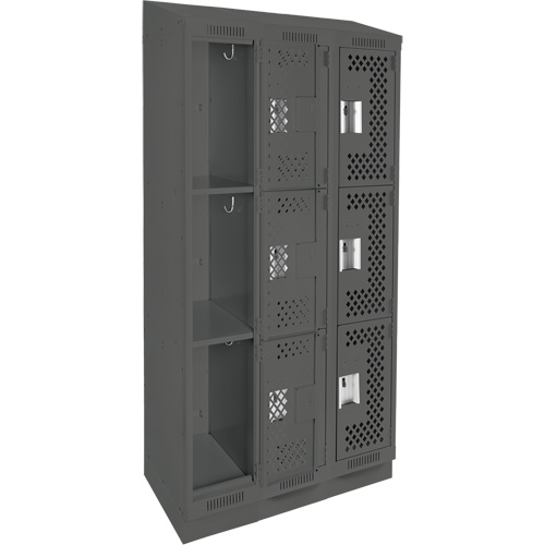 Clean Line Lockers, 3 -tier, Bank of 3, 36" x 15" x 82", Steel, Charcoal, Rivet (Assembled), Perforated GTA Hardware Inc