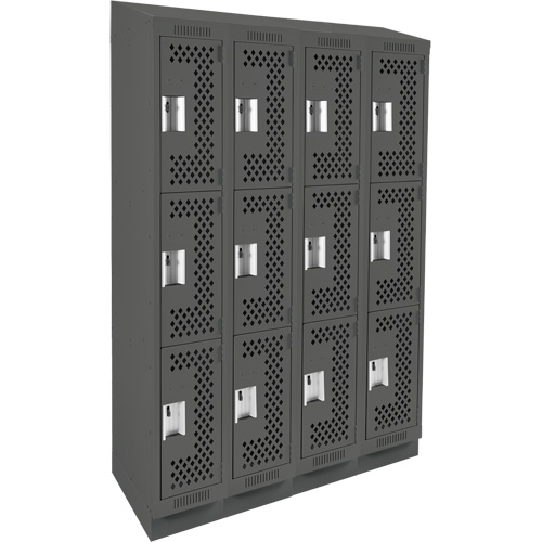 Clean Line Lockers, 3 -tier, Bank of 4, 48" x 15" x 82", Steel, Charcoal, Rivet (Assembled), Perforated GTA Hardware Inc