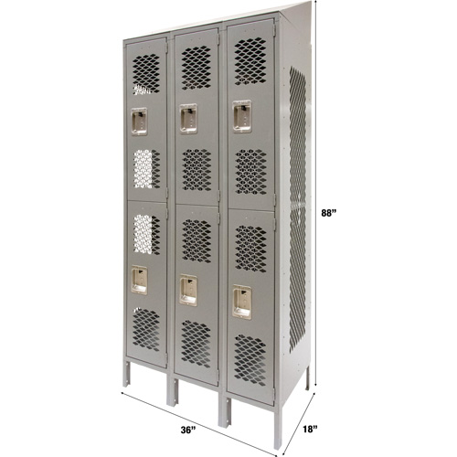 Casiers ventil&eacute;s, 2 niveaux, Bloc de 3, 36" x 18" x 88", Acier, Gris, D&eacute;mont&eacute;, Perfor&eacute; GTA Hardware Inc