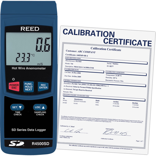 Thermo-an&eacute;mom&egrave;tres &agrave; fil chaud avec enregistrement de donn&eacute;es et certificat de calibration, Enregistrement des donn&eacute;es, Gamme de v&eacute;locit&eacute; d'air de 0,2 - 25 m/sec GTA Hardware Inc