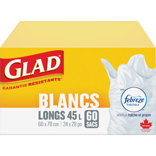 Sacs &agrave; ordures hauts 45 L avec Febreze, R&eacute;gulier, 24" la x 28" lo, Blanc GTA Hardware Inc