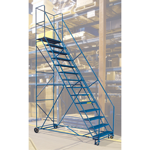 Escabeau roulant certifi&eacute; par la CSA avec pied verrouillable, 14 marches, Largeur de la marche 30", Hauteur de la plateforme 128", Acier GTA Hardware Inc