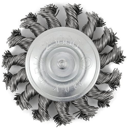 Shaft Mounted Knot Twisted Radial Brush, 3" Dia., 0.02" Fill, 1/4" Arbor, Stainless Steel GTA Hardware Inc