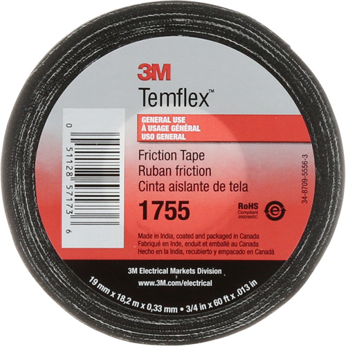 Temflex Cotton Friction Tape 1755, 19 mm (3/4") x 18.28 m (60'), Black GTA Hardware Inc