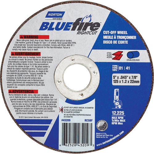 Meule a tronconner BlueFire, 4-1/2" x 0,045"/1/16", Arbre de 7/8", Type 01/41, Oxyde d'aluminium/Zirconium, 13580 Tr/min GTA Hardware Inc