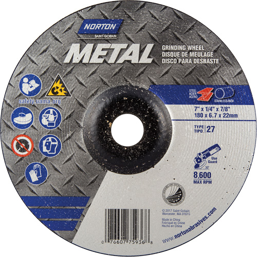 Depressed Centre Metal Grinding Wheels, 7" x 1/4", 7/8" Arbor, Aluminum Oxide, Type 27 GTA Hardware Inc