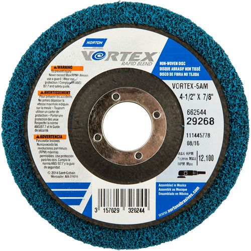 Vortex Non-Woven Disc, 4-1/2" Dia. x 1/2" W, 7/8" Arbor, Aluminum Oxide GTA Hardware Inc