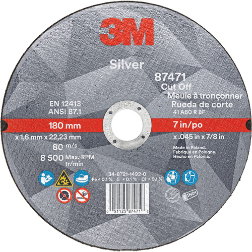 Silver Cut-Off Wheel, 7" x 0.045", 7/8" Arbor, Type 1, Ceramic, 8500 RPM GTA Hardware Inc