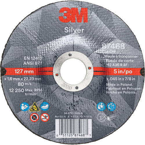 Silver Cut-Off Wheel, 5" x 0.045", 7/8" Arbor, Type 27, Ceramic, 12250 RPM GTA Hardware Inc
